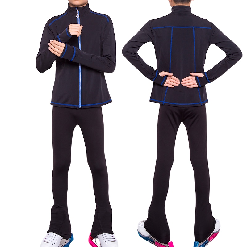 Figure Skating Jacket with Pants Men's Boys Ice Skating Jacket Pants / Trousers Leggings Black Blue Thumbhole Fleece Spandex High Elasticity Training Practise Competition Skating Wear Thermal Warm