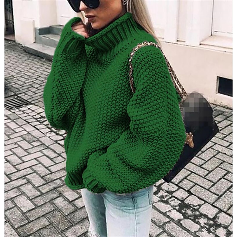 Women's Pullover Sweater Jumper Basic Casual Solid Color Chunky Crochet Turtleneck Knitted Long Sleeve Knit Daily Going out Light Blue Black Fall Winter3