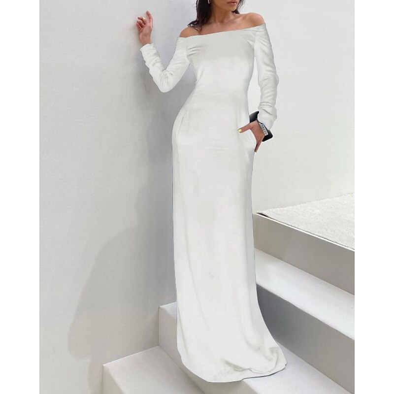 Sheath Evening Gown Elegant Dress Formal Evening Floor Length Long Sleeve Off Shoulder Fall Wedding Guest Velvet with Sleek4
