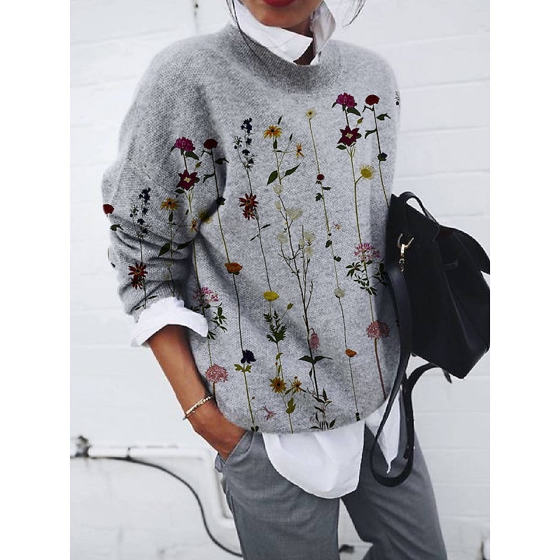 Women's Pullover Sweatshirt Sweatshirt Pullover Active Vintage Streetwear Floral Work Street Dailywear Round Neck Crewneck Print Long Sleeve Gray Fall & Winter