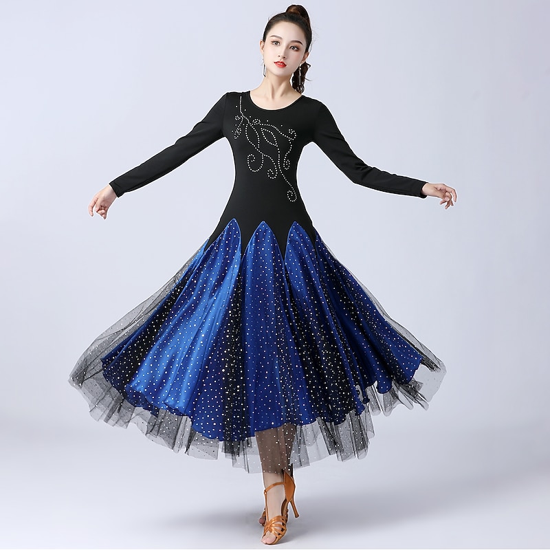 Ballroom Dance Dress Splicing Tulle Women's Training Performance Long Sleeve High Tulle Polyester4