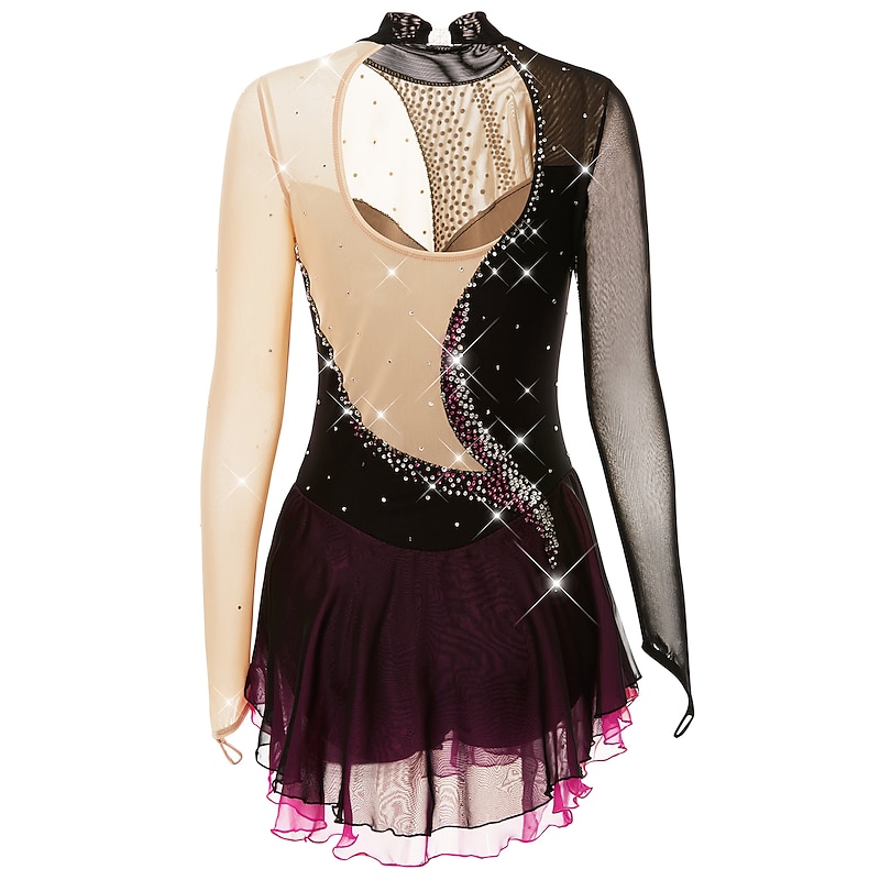 Figure Skating Dress Women's Girls' Ice Skating Dress Outfits Light Purple Dark purple Black and Purple Open Back Mesh Spandex High Elasticity Competition Skating Wear Handmade Crystal / Rhinestone3