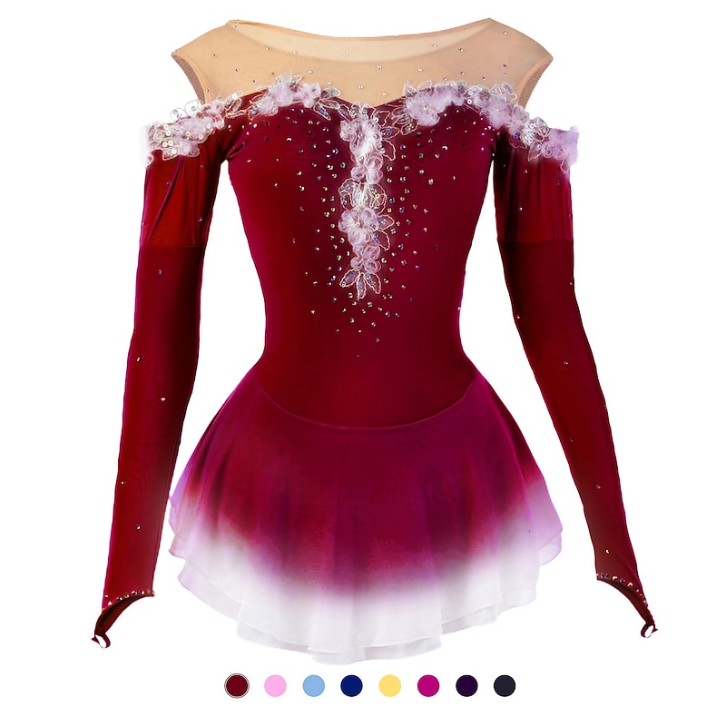 Figure Skating Dress Women's Girls' Ice Skating Dress Yellow Pink Dark Purple Patchwork Mesh Spandex High Elasticity Competition Skating Wear Crystal / Rhinestone Dumb Light Fashion Long Sleeve Ice
