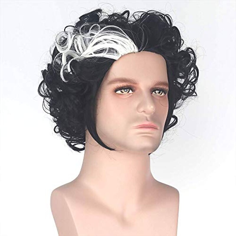 Sweeney Todd Cosplay Wigs for Men Short Bob Curly Synthetic Wig White Highlight Black Color Hair Natural Hairline Heat Resistant Fiber Wigs for Boy  Party Halloween Wigs2