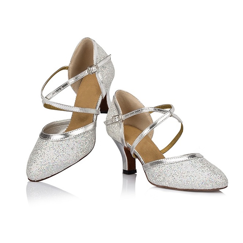Silver Glitter Dance Shoes with Cross-Strap and Buckle Detail – Comfortable Ballroom and Latin Dance Heels for Women2
