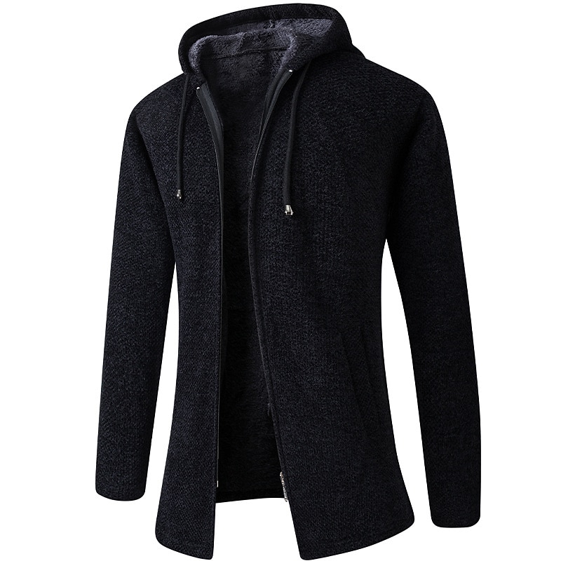 Men's Cardigan Sweater Fleece Sweater Ribbed Knit Tunic Knitted Solid Color Hooded Warm Ups Modern Contemporary Daily Wear Going out Clothing Apparel Fall & Winter Black Red & White M L XL4