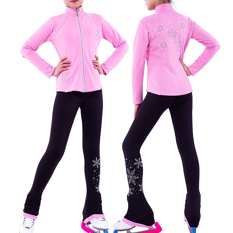 Figure Skating Jacket with Pants Girls' Ice Skating Jacket Pants / Trousers Pink Green Fleece Spandex High Elasticity Training Practise Competition Skating Wear Thermal Warm Handmade Crystal