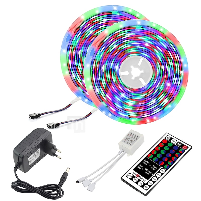 LED Strip Lights (2x5M)10M 32.8ft 2835 RGB 600LEDs 8mm Strips Lighting Flexible Color Changing with 44 Key IR Remote Ideal for Home Kitchen Christmas TV Back Lights DC 12V