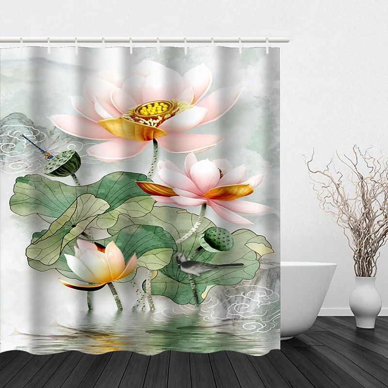 Shower Curtain with Hooks 180cm*180cm(70"*70") Polyester Washable Waterproof Modern Bathroom Landscape Lotus Landscape Printing2