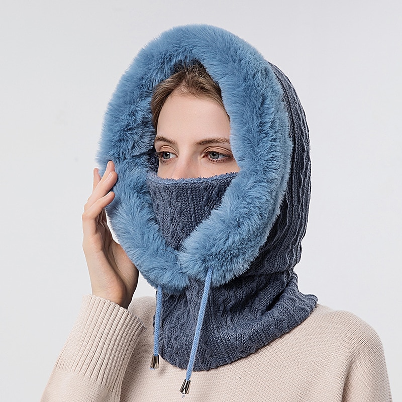 High Quality Winter Fur Cap Mask Set Hooded for Women Knitted Cashmere Neck Warm Outdoor Ski Windproof Hat Thick Plush Fluffy Beanies4