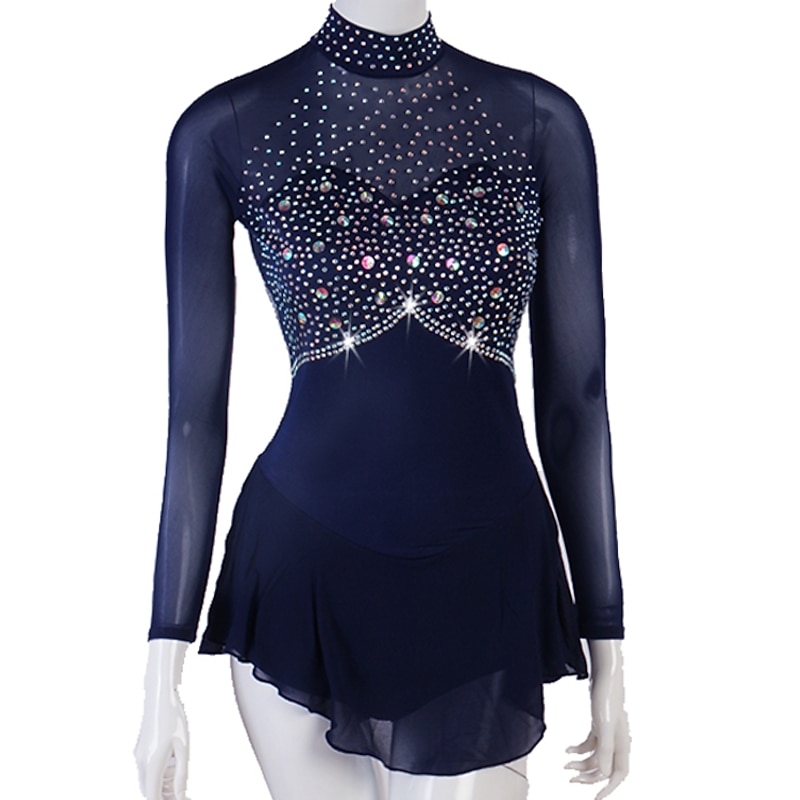 Figure Skating Dress Women's Girls' Ice Skating Dress Outfits Yellow Dark Red Dark Navy Patchwork Mesh Spandex High Elasticity Practice Professional Competition Skating Wear Crystal / Rhinestone4