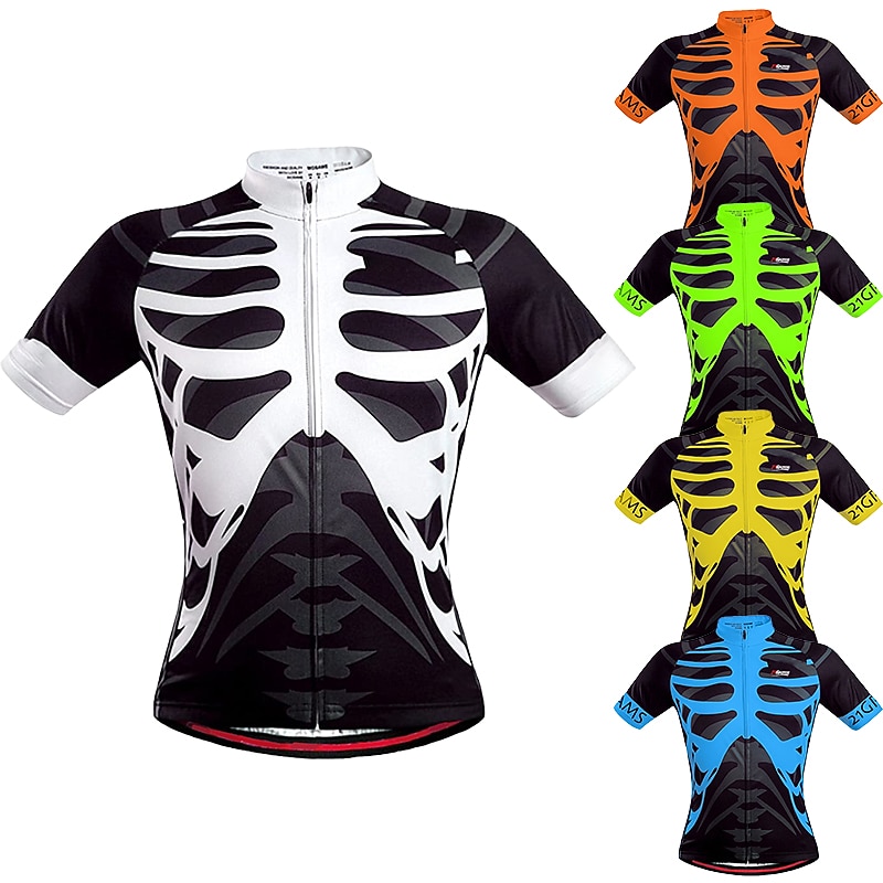 Men's Cycling Jersey Patterned Skeleton Funny Short Sleeve Bike Jersey Top with 3 Rear Pockets Mountain Bike MTB Road Bike Cycling Quick Dry Front Zipper Back Pocket Reduces Chafing Sports Blue3
