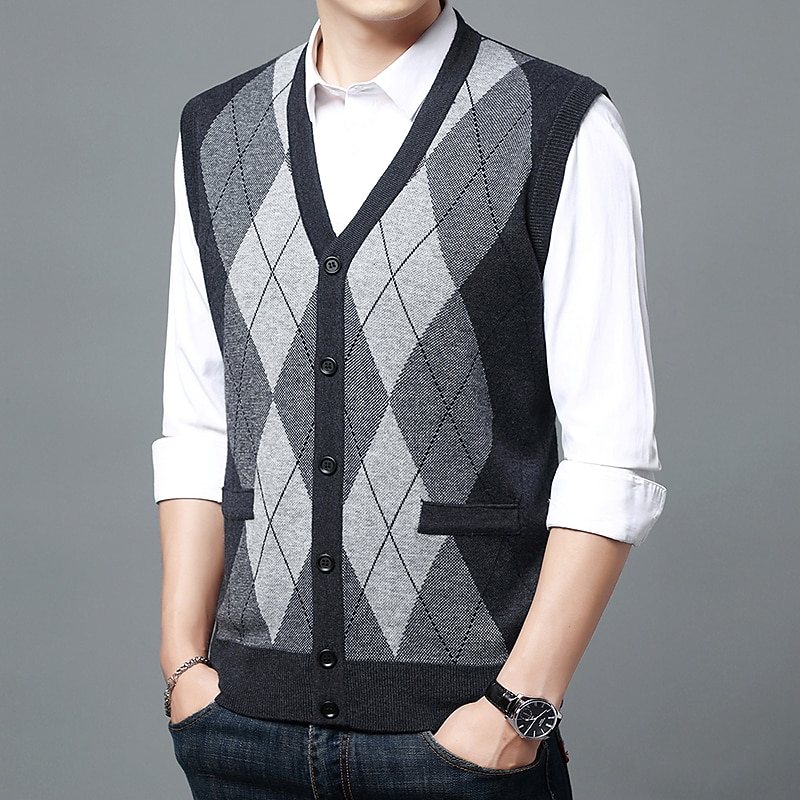 Men's Sweater Vest Dress Sweater Wool Sweater Cardigan Knit Knitted Braided Color Block Halter Neck Vintage Style Daily Weekend Clothing Apparel Fall Winter Wine Navy Blue S M L4