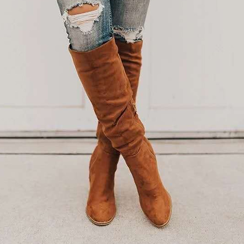 Women's Tan Suede Knee-High Boots with Pointed Toe and Block Heel - Stylish and Comfortable Fall and Winter Footwear4