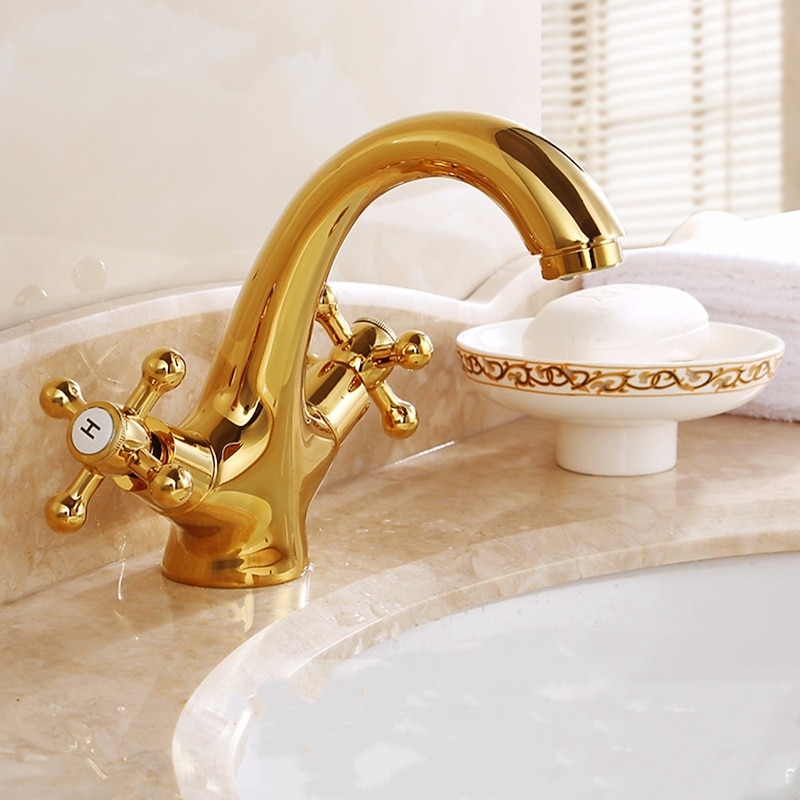 Antique Brass Bathroom Sink Faucet,Centerset  Two Handles One Hole Bath Taps with Hot and Cold Switch and Ceramic Valve2