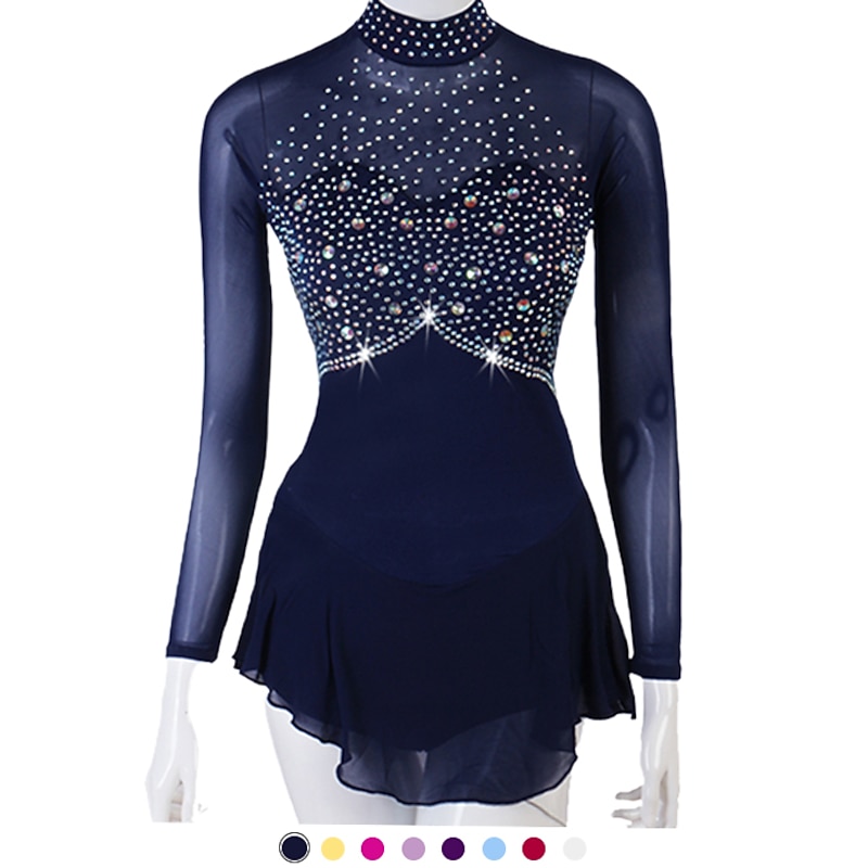 Figure Skating Dress Women's Girls' Ice Skating Dress Outfits Yellow Dark Red Dark Navy Patchwork Mesh Spandex High Elasticity Practice Professional Competition Skating Wear Crystal / Rhinestone