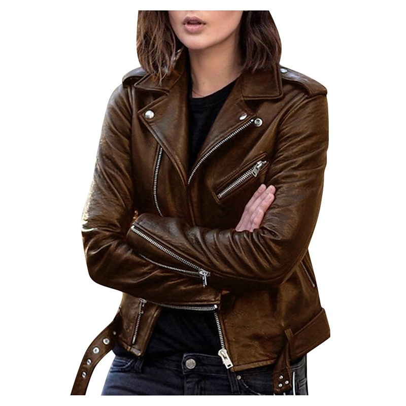 Women's Faux Leather Jacket Jacket Comfortable Pocket Full Zip Casual Solid Color Street Daily Zipper Short Regular Turndown Regular Fit Long Sleeve Outerwear Black Wine Blue Fall Winter3