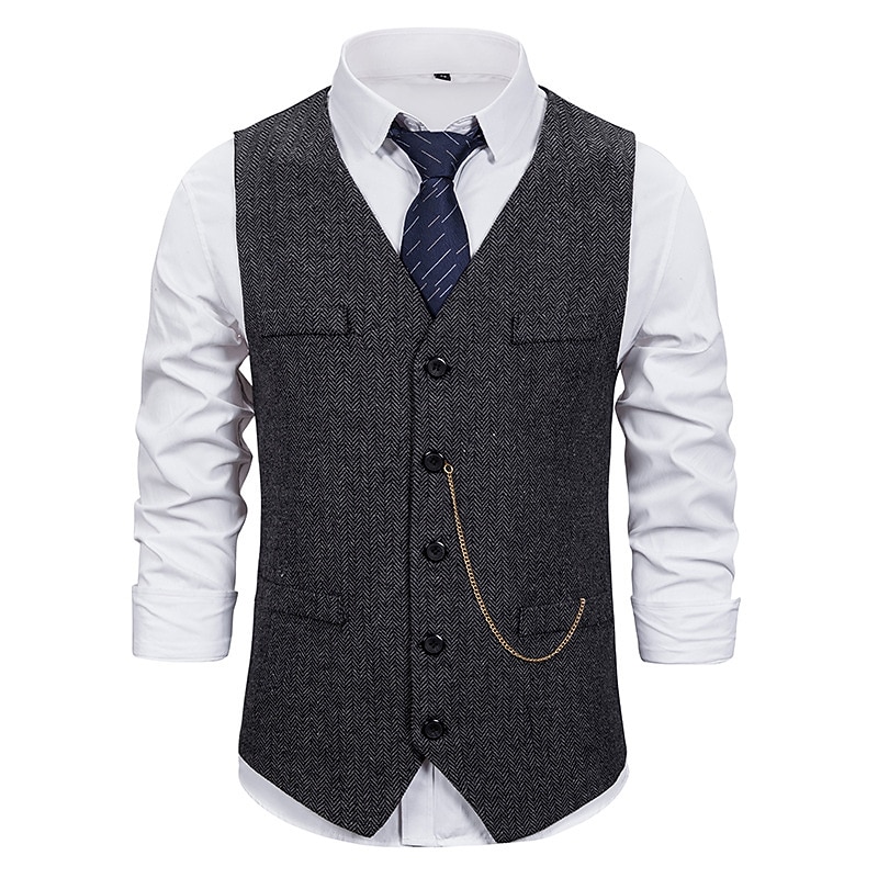Men's Vest Waistcoat Wedding Daily Sporty 1920s Fall Pocket Polyester Thermal Warm Solid Color Single Breasted V Neck Regular Fit Black Coffee Gray Vest