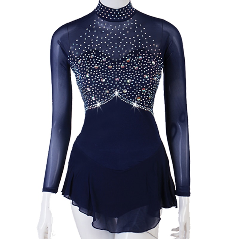 Figure Skating Dress Women's Girls' Ice Skating Dress Outfits Yellow Dark Red Dark Navy Patchwork Mesh Spandex High Elasticity Practice Professional Competition Skating Wear Crystal / Rhinestone2