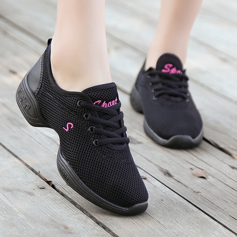Women's Black Mesh Dance Sneakers with Lace-Up Design | Breathable Lightweight Jazz Shoes for Fitness, Dance Classes, and Zumba