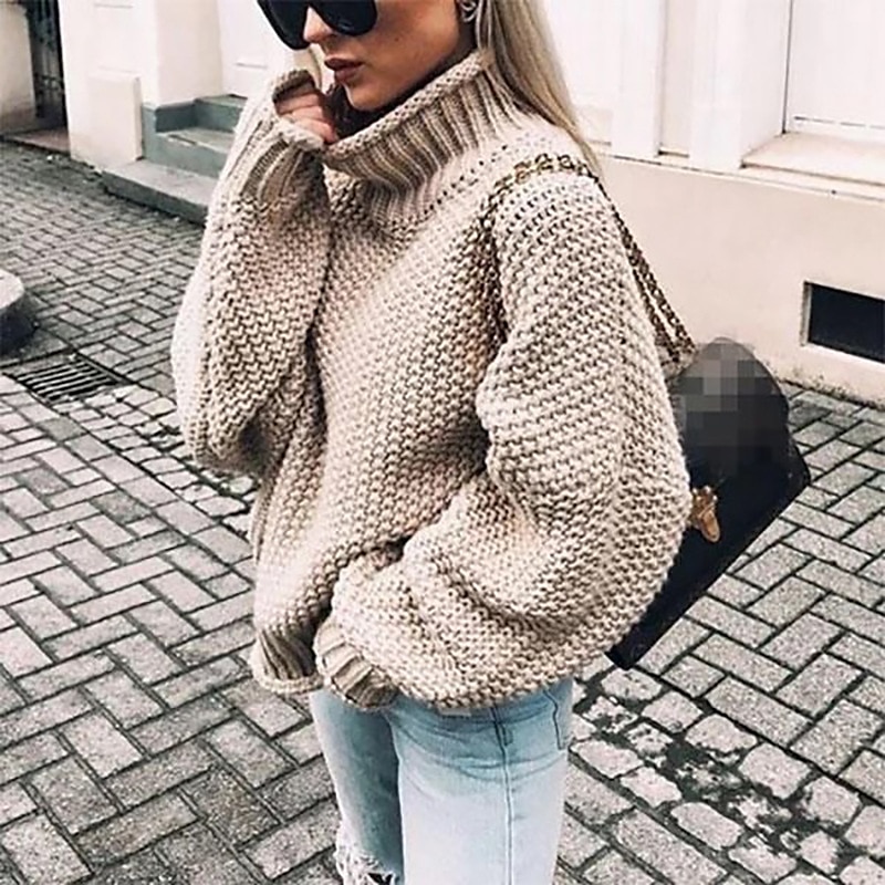 Women's Pullover Sweater Jumper Basic Casual Solid Color Chunky Crochet Turtleneck Knitted Long Sleeve Knit Daily Going out Light Blue Black Fall Winter