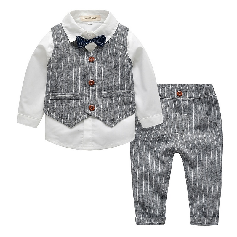 2 Pieces Ring Bearer Suit Boys' Kids Suit Formal Suit Shirt & Pants Pants Set School Party Date Fashion Cool Basic Stripe Print Beige Light Blue Cotton3