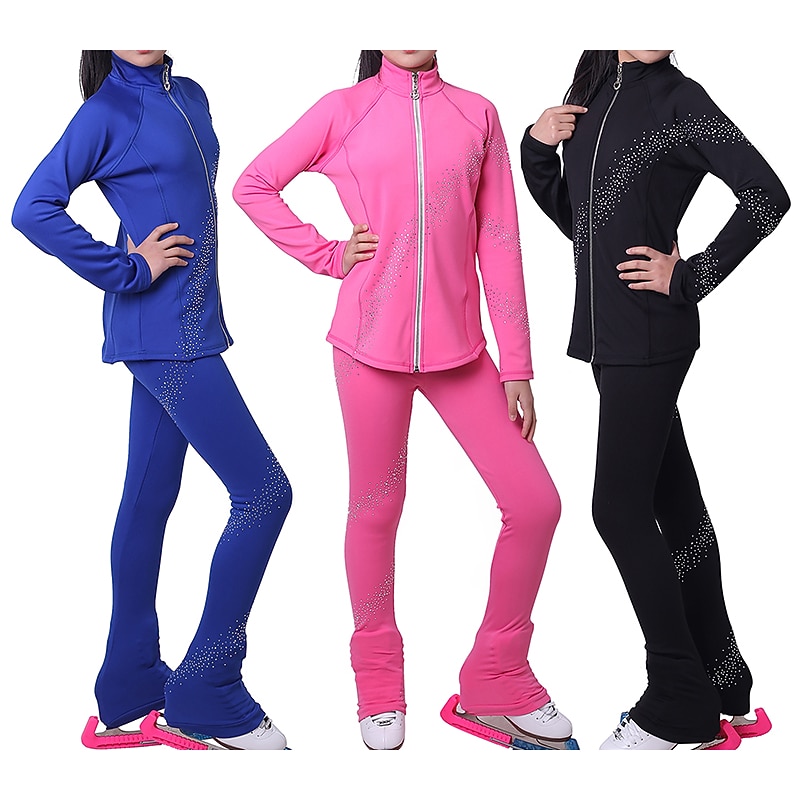 Figure Skating Jacket with Pants Girls' Ice Skating Jacket Pants / Trousers Leggings Black Blue Fuchsia Fleece Spandex High Elasticity Training Practise Competition Skating Wear Thermal Warm Handmade