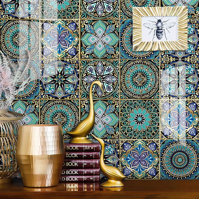 12PCS European-style Thickened Tile Self-adhesive Paper Dream Blue Kitchen Oil-proof And Waterproof Removable Wall Stickers