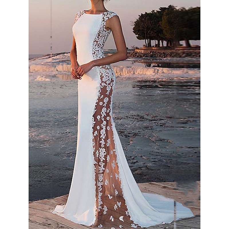Beach Wedding Dresses Sheath Scoop Neck Sleeveless Court Train Lace Bridal Gowns With Appliques 2025 2025 - $191.99