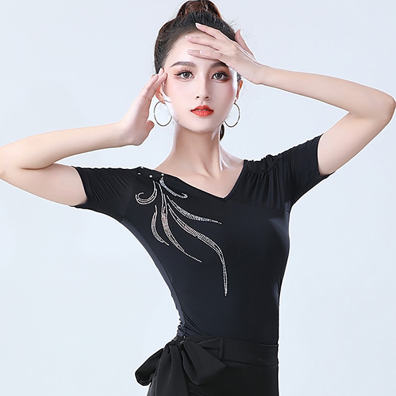Latin Dance Top Printing Solid Crystals / Rhinestones Women's Training Performance Short Sleeve High Nylon2