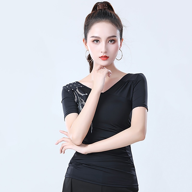 Latin Dance Top Printing Solid Crystals / Rhinestones Women's Training Performance Short Sleeve High Nylon3