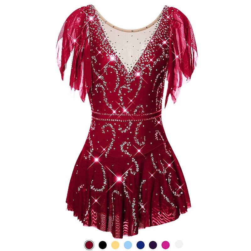 Figure Skating Dress Women's Girls' Ice Skating Dress Outfits Violet Black White Open Back Spandex Stretch Yarn High Elasticity Training Competition Skating Wear Handmade Solid Colored Classic