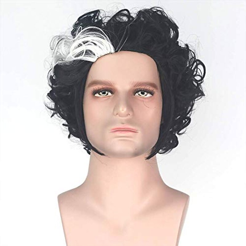 Sweeney Todd Cosplay Wigs for Men Short Bob Curly Synthetic Wig White Highlight Black Color Hair Natural Hairline Heat Resistant Fiber Wigs for Boy  Party Halloween Wigs