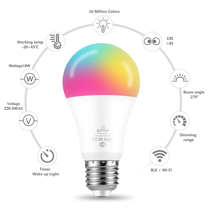 6pcs 4pcs 2pcs 1pc 10 W LED Smart Bulbs 1050 lm E27 A60(A19) 34 LED Beads SMD APP Control Smart Timing RGB+Cold&Warm White 220-240 V3