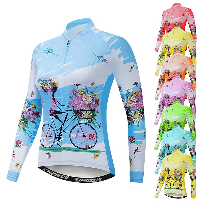 Women's Cycling Jersey Patterned Floral Botanical Flower Long Sleeve Bike Jersey Top with 3 Rear Pockets Mountain Bike MTB Road Bike Cycling Quick Dry Front Zipper Soft Back Pocket Sports White Pink3