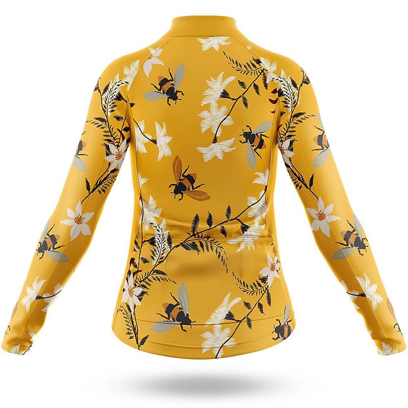 Women's Cycling Jersey Bee 3D Floral Botanical Long Sleeve Bike Jersey Top with 3 Rear Pockets Mountain Bike MTB Road Bike Cycling Quick Dry Reflective Strips Back Pocket Moisture Wicking Sports2