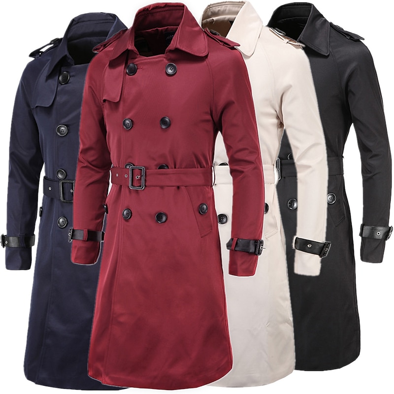 Men's Winter Coat Peacoat Trench Coat Street Business Fall Winter Polyester Thermal Warm Breathable Outerwear Clothing Apparel Casual Solid Color Pocket Turndown Double Breasted