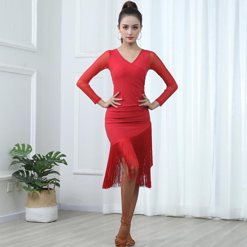 Latin Dance Dress Fringed Tassel Pure Color Splicing Women's Training Performance Long Sleeve High Polyester Women's Daily Dress3