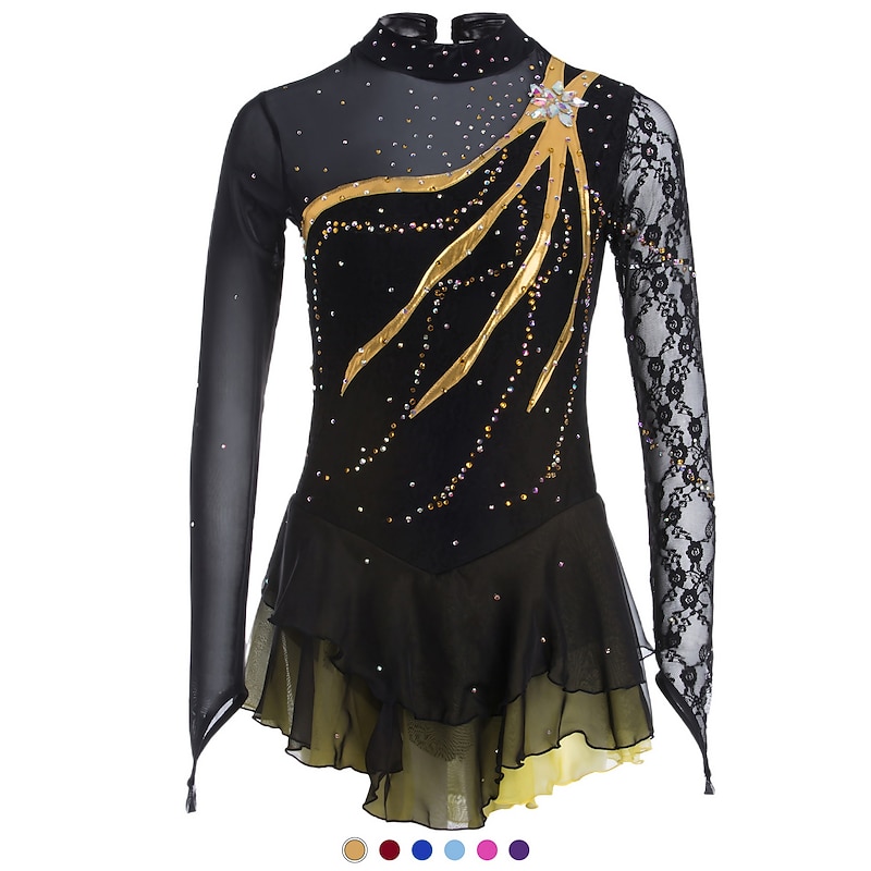 Figure Skating Dress Women's Girls' Ice Skating Dress Outfits Black Purple Sky Blue Spandex Lace Leisure Sports Competition Skating Wear Handmade Solid Colored Fashion Long Sleeve Ice Skating Figure