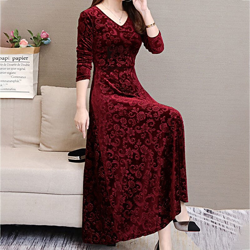 Women's Midi Dress Velvet Dress Party Dress Swing Dress Emerald Green Dress Elegant Fashion Romantic Winter Dress Vacation Wedding Guest Slim Floral Long Sleeve V Neck Black Red Green Spring Fall3