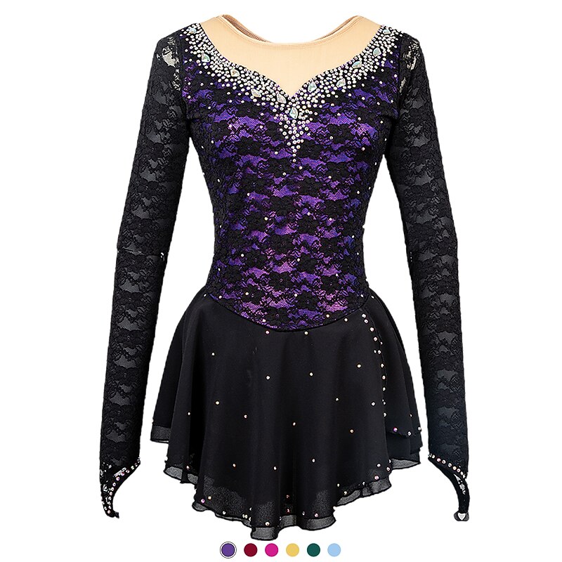 Figure Skating Dress Women's Girls' Ice Skating Dress Outfits Yellow & Yellow Black Dark Red Open Back Mesh Spandex High Elasticity Training Practice Competition Skating Wear Solid Colored Classic