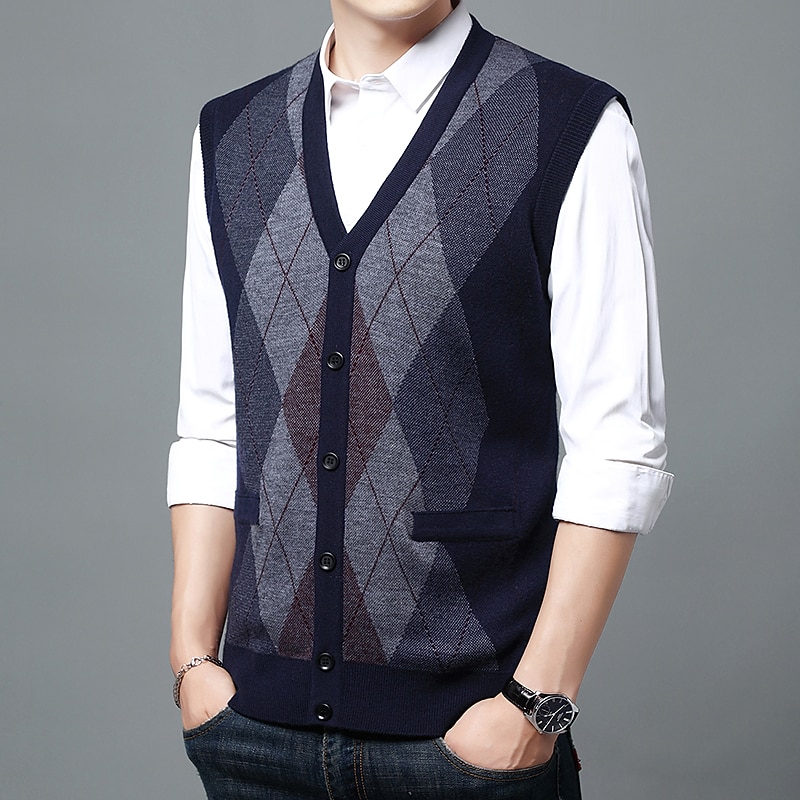 Men's Sweater Vest Dress Sweater Wool Sweater Cardigan Knit Knitted Braided Color Block Halter Neck Vintage Style Daily Weekend Clothing Apparel Fall Winter Wine Navy Blue S M L3