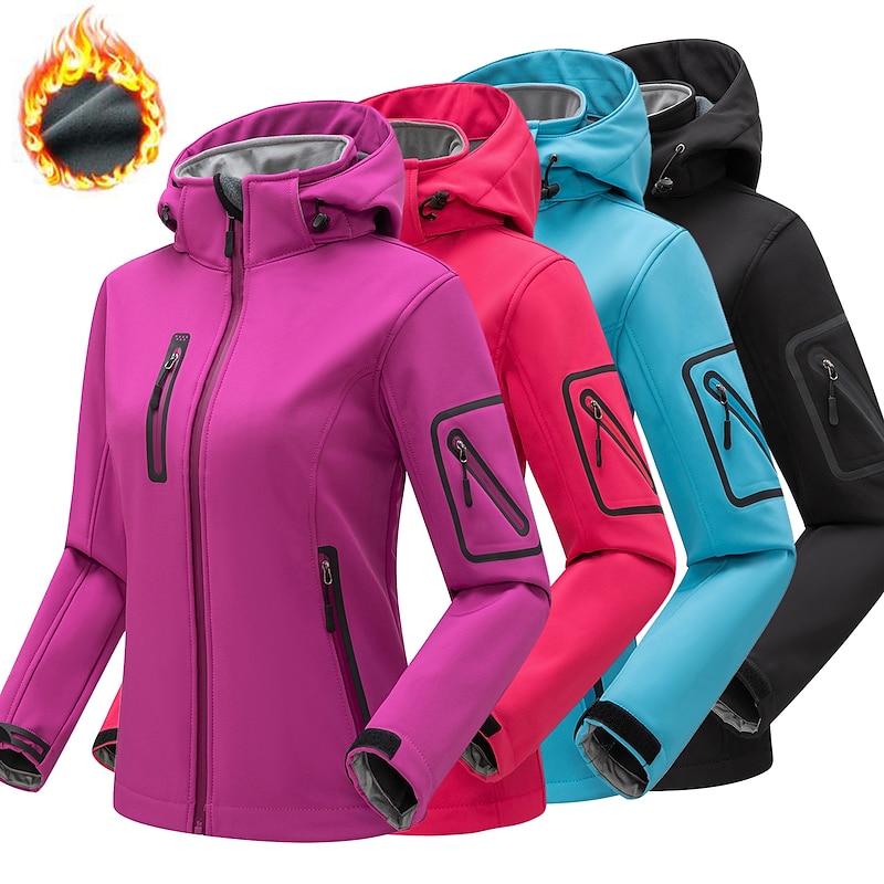Women's Hiking Softshell Jacket Hoodie Jacket Winter Fleece Jacket Waterproof Outdoor Solid Color Thermal Warm Windproof Lightweight Fleece Lining Outerwear Windbreaker Trench Coat Skiing Climbing