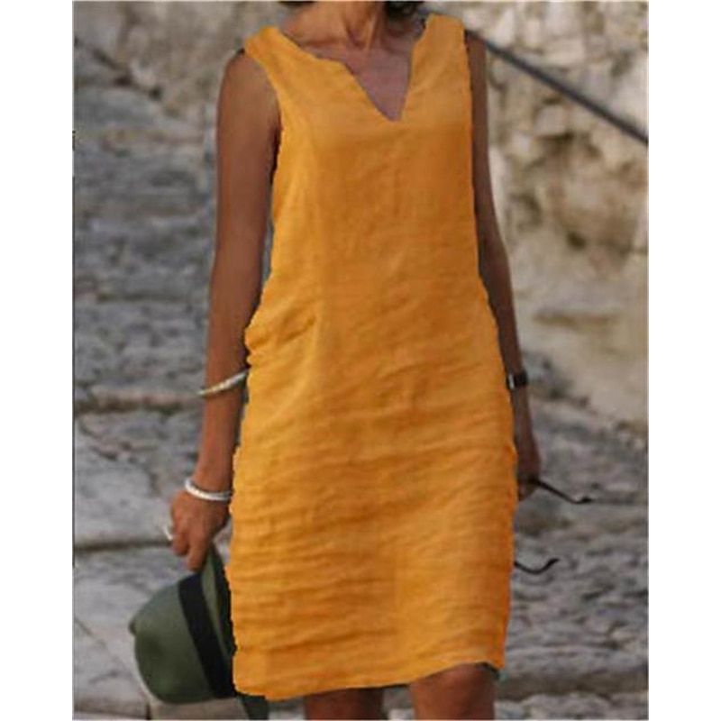 Women's Midi Dress Cotton Linen Dresses Casual Dress Cotton Linen Dress Shift Dress Basic Casual Vacation Daily Going out Regular Fit Pure Color Sleeveless Split Neck Yellow Pink Blue Green Summer