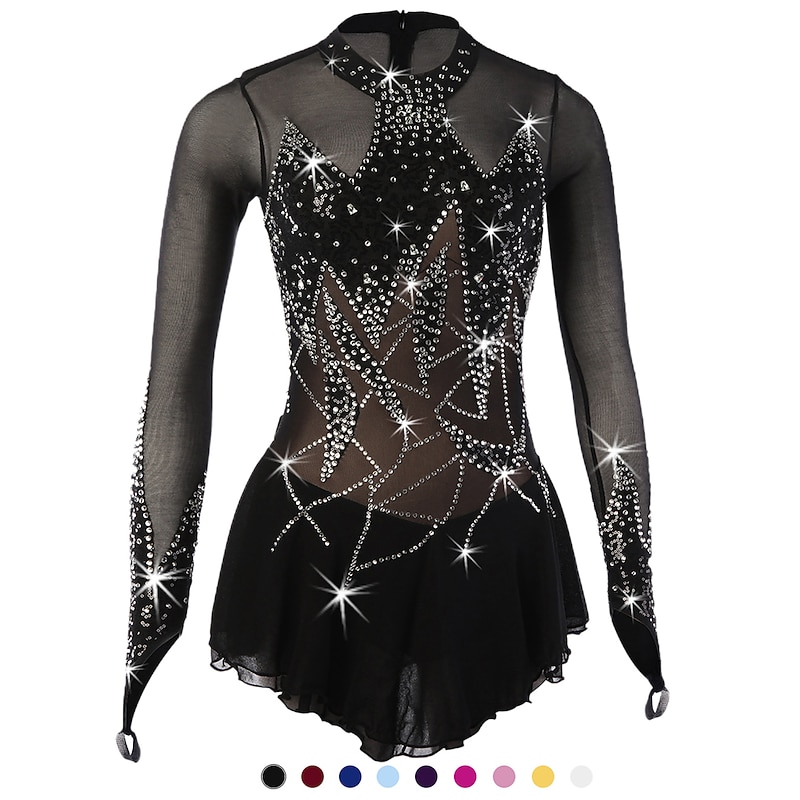 Figure Skating Dress Women's Girls' Ice Skating Dress Outfits Yan pink Violet Black Spandex High Elasticity Competition Skating Wear Handmade Floral Botanical Long Sleeve Ice Skating Figure Skating