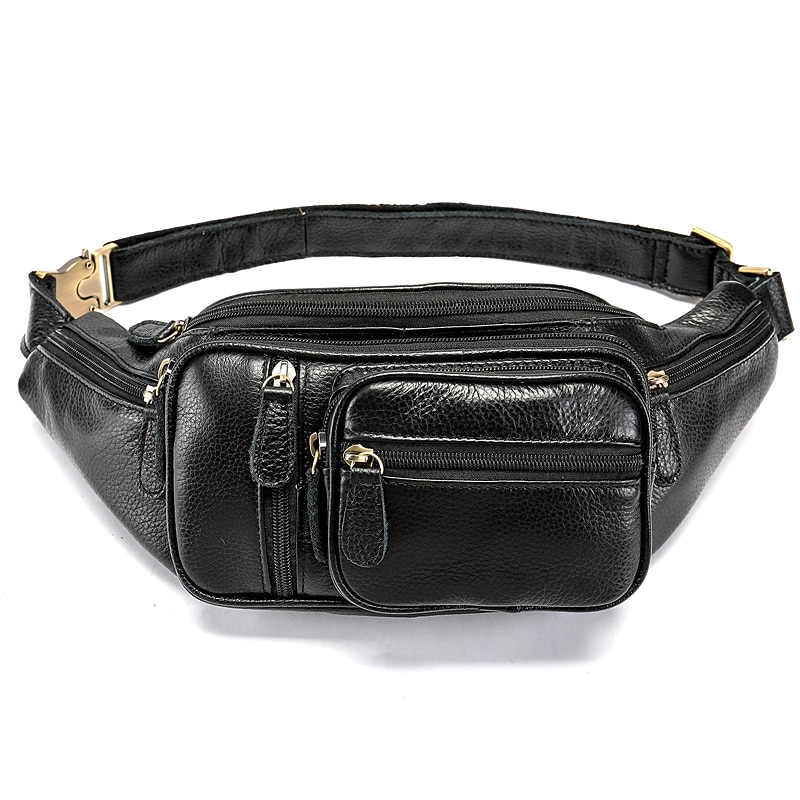 Men's Black Leather Waist Bag – Multi-Pocket Fanny Pack for Travel, Outdoor Activities, and Everyday Use