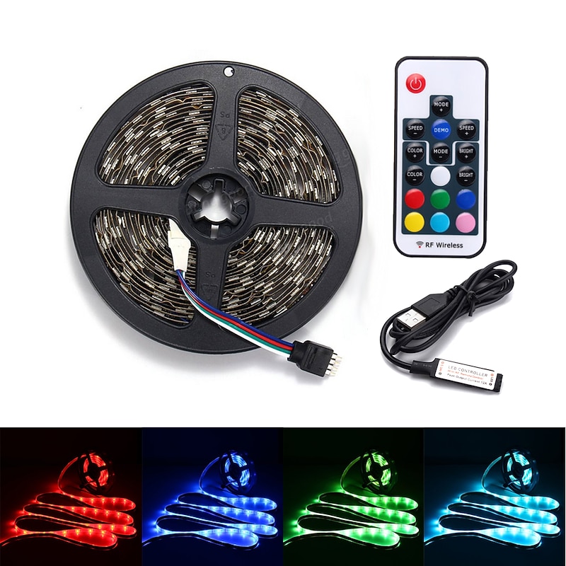 100CM LED Light Strips RGB Tiktok Lights TV Background atmosphere lamp USB 5V Black Waterproof 15W 5050 10mm with 17Key RF Controller DC 5V