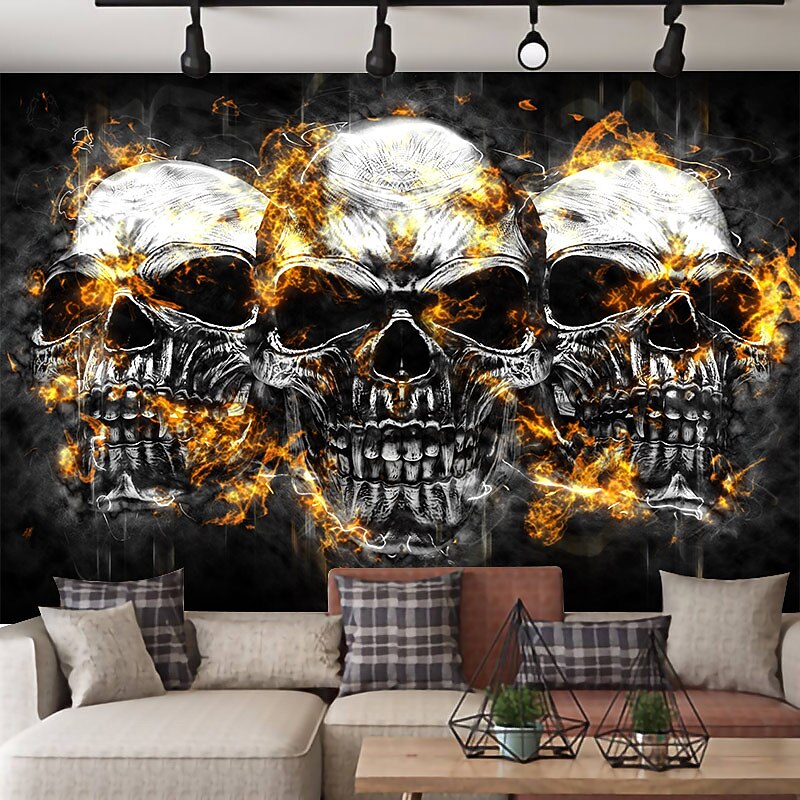 Halloween Skeleton Wall Tapestry Art Decor Blanket Curtain Hanging Home Bedroom Living Room Decoration Psychedelic Haunted Scary Pumpkin Skull Bat Castle Grim Reaper