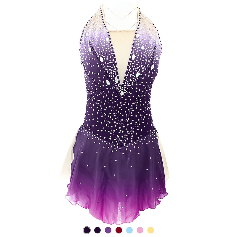 Figure Skating Dress Women's Girls' Ice Skating Dress Outfits Light Purple Yan pink Yellow & Yellow Open Back Spandex Micro-elastic Training Skating Wear Handmade Classic Crystal / Rhinestone - Main Image