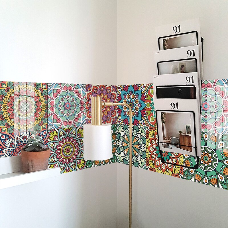 12/48pcs Mandala Style Tile Stickers, Decorative Waterproof Tile Stickers,Peel and Stick Vinyl Self-Adhesive Wall Decals ,for Kitchen Bathroom Living Room Furniture and Wall Decor4